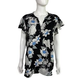 Gaharu Floral Lace Back Notch V-Neck Chiffon Blouse